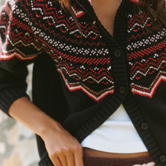 NWT Anthropologie x Beach Riot Black Red Fair Isle Sweater Cardigan Size large - Picture 2 of 4
